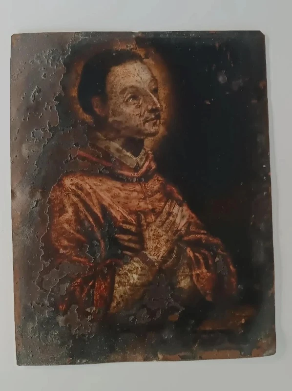 Peinture ancienne sur cuivre - 17e/18e siècle - Saint Charles Borromée 25 x 20 cm