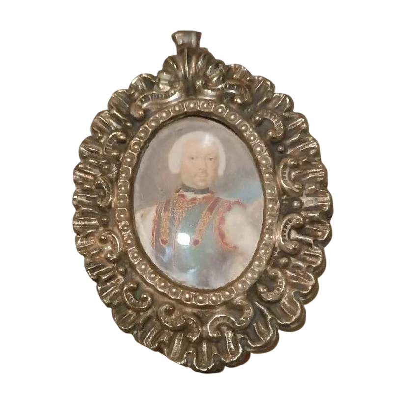 Peinture miniature sur ivoire portrait noble Italie 18ème siècle -cadre argenté