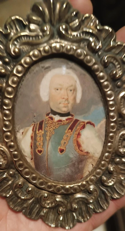 Peinture miniature sur ivoire portrait noble Italie 18ème siècle -cadre argenté