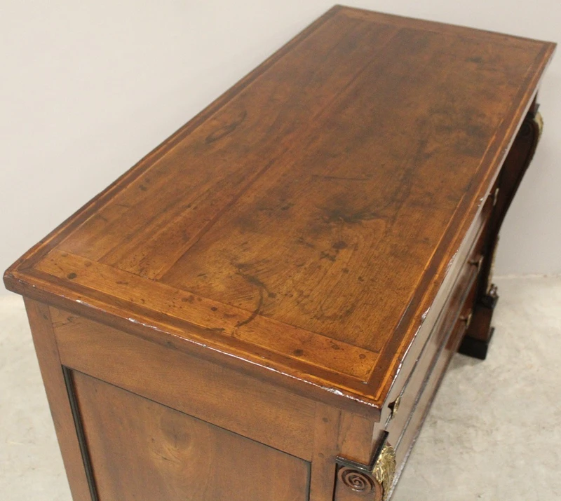 Antico cassettone comò ribalta Impero in noce intarsiato 19°secolo