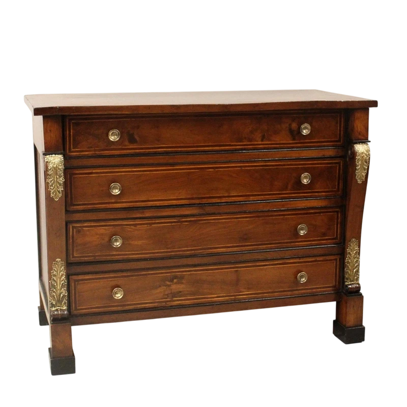 Antico cassettone comò ribalta Impero in noce intarsiato 19°secolo