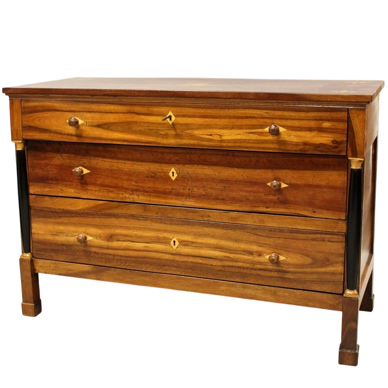 Ancienne commode Empire en noyer marqueté 19ème siècle