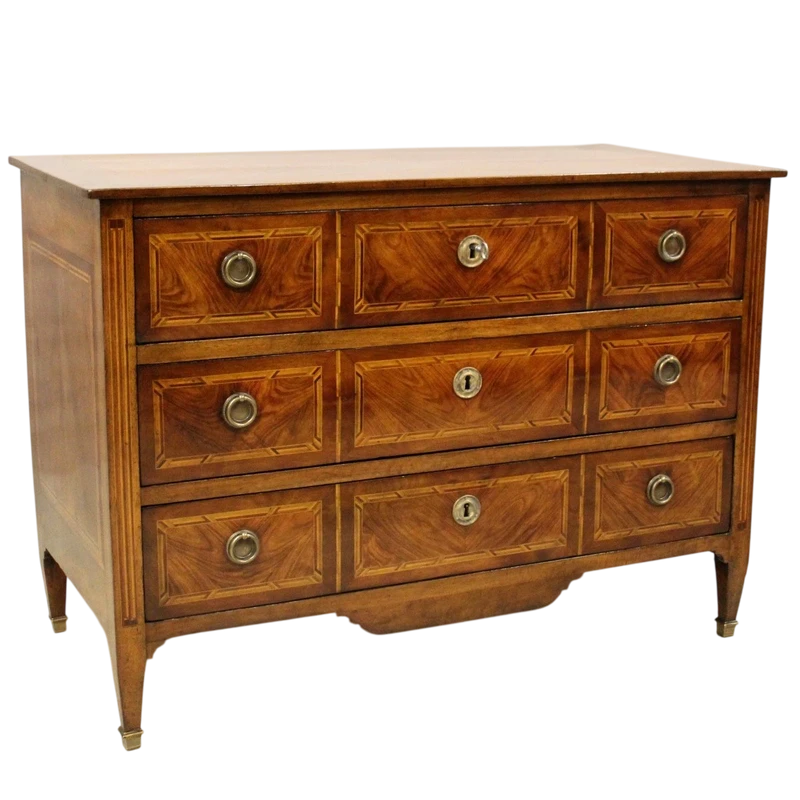 Antico cassettone comò Luigi XVI in noce e ciliegio intarsiato 18°secolo