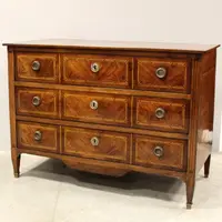 Antico cassettone comò Luigi XVI in noce e ciliegio intarsiato 18°secolo