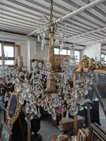 Lampadario genovese in legno intagliato e dorato, XVIII secolo con cristalli, prima metà 900