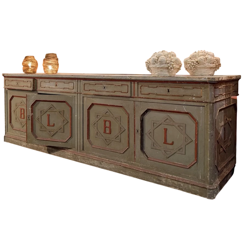 Bancone a credenza fine 800 laccata con simbolo alchemico e farmaceutico
