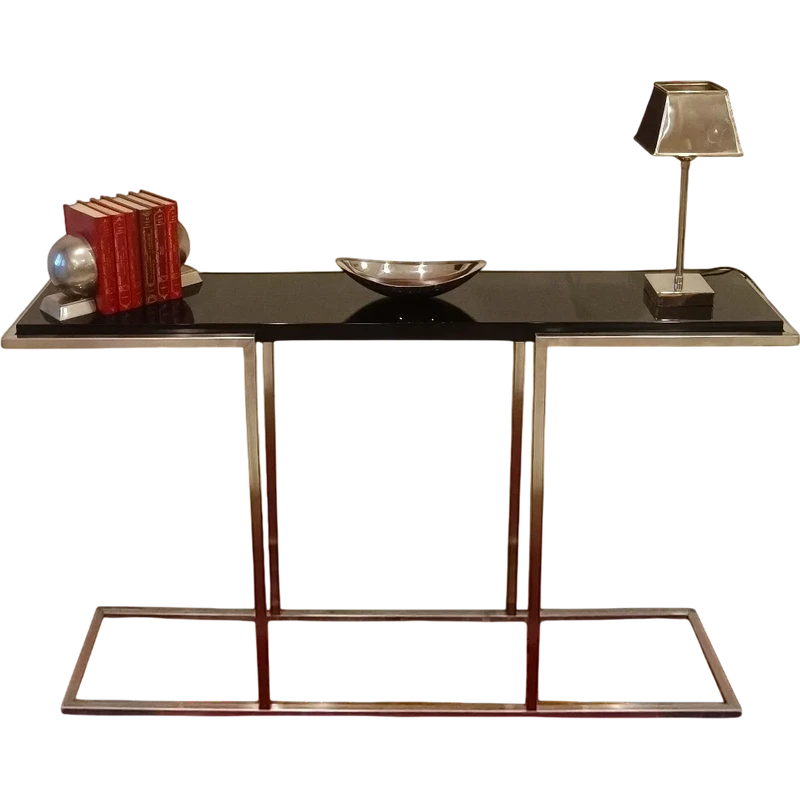 "The 80's Design Console Satin Steel with Black Lacquered Shelf"
