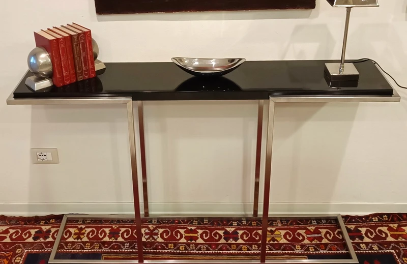 "The 80s Design Console Satin-finished Steel with Black Lacquered Shelf".
