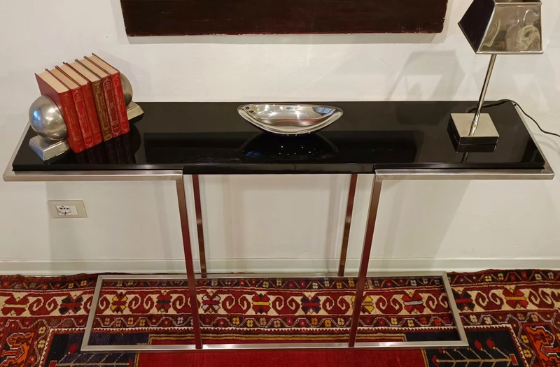 "The 80s Design Console Satin-finished Steel with Black Lacquered Shelf".