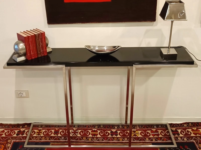 "The 80s Design Console Satin-finished Steel with Black Lacquered Shelf".