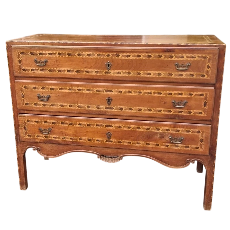 Commode Direttorio en noyer vicentin du XVIIIe siècle avec incrustations de cerisier