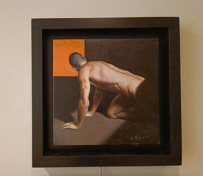Huile sur toile "Un homme" de Filippo Manfroni à la limite de l'hyperréalisme