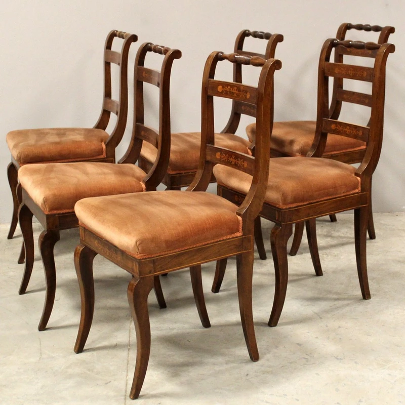 Antique set of 6 Charles X chairs in inlaid walnut 19th century