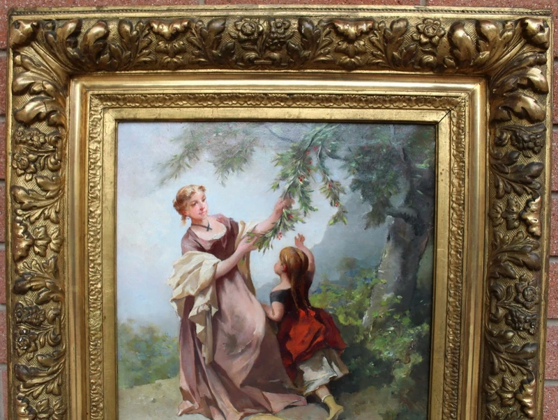 Antique oil painting on canvas with gilt frame 19th century