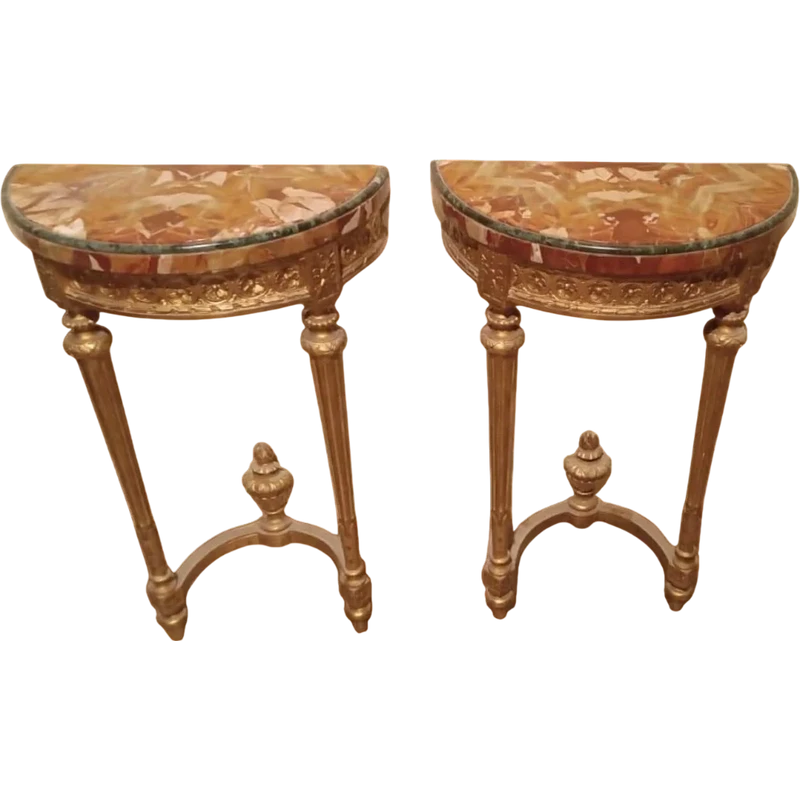 Pair of small gilt wood console tables in Louis XVI style late 1800s Napoleon III