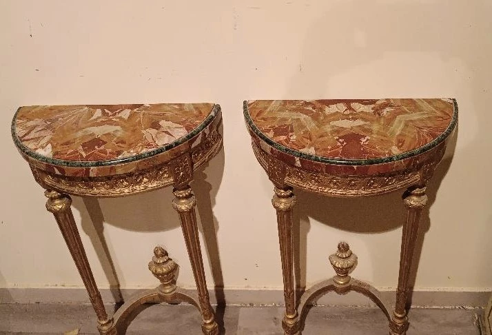Coppia di piccole consolle in legno dorato stile Luigi XVI fine 800 Napoleone III