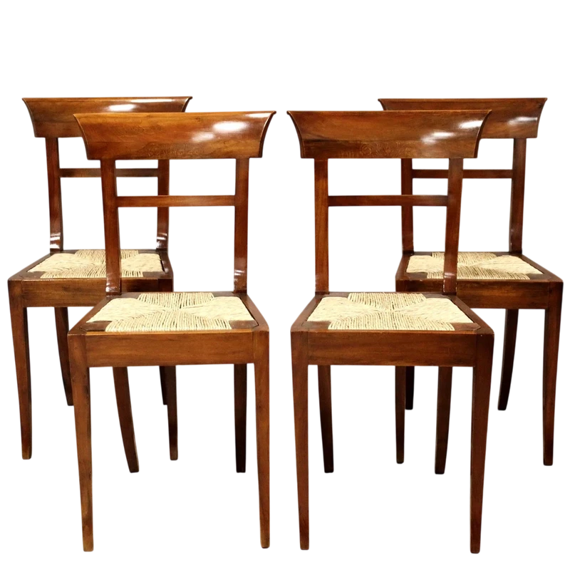 Ensemble ancien de 4 chaises en noyer marqueté 19ème siècle