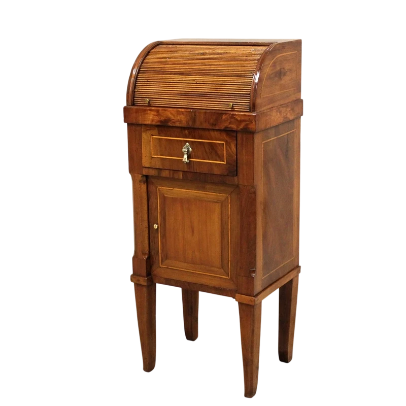Ancienne table de chevet Direttorio en noyer incrusté 18ème siècle