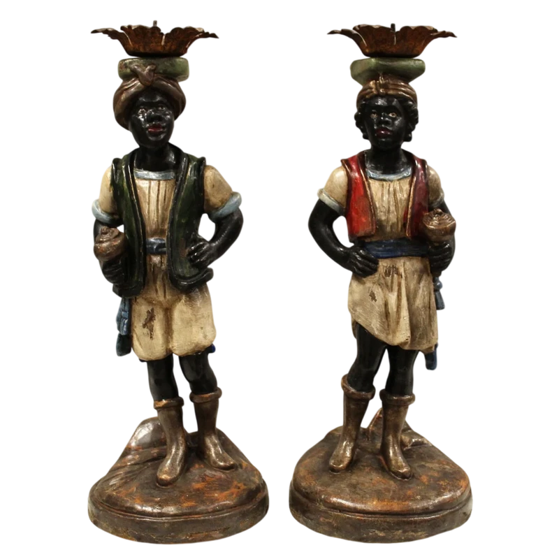 Antica coppia di Mori Veneziani portacero reggicero candelieri 19°secolo