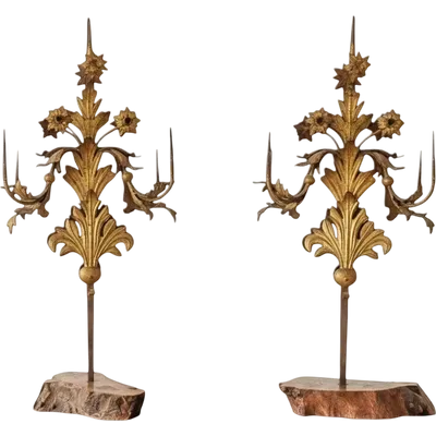 Pair of 1800s candelabra in gilded sheet metal.