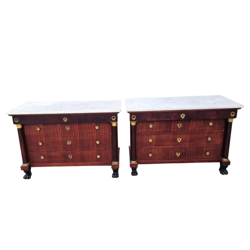 Pair of early Empire mahogany chests of drawers 1810 white marble