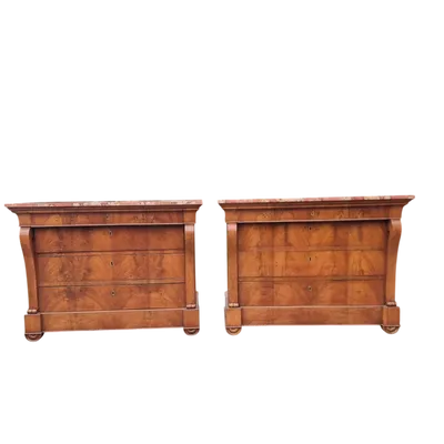 Pair of First Empire 1810 walnut chests of drawers with Iran marble