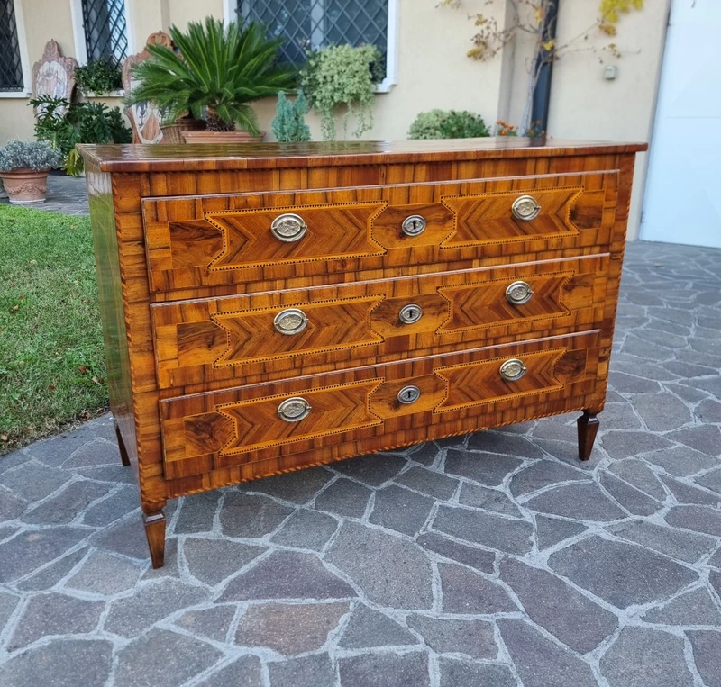 Cassettone Modenese del 700 Luigi XVI in noce con diverse essenze ed intarsi
