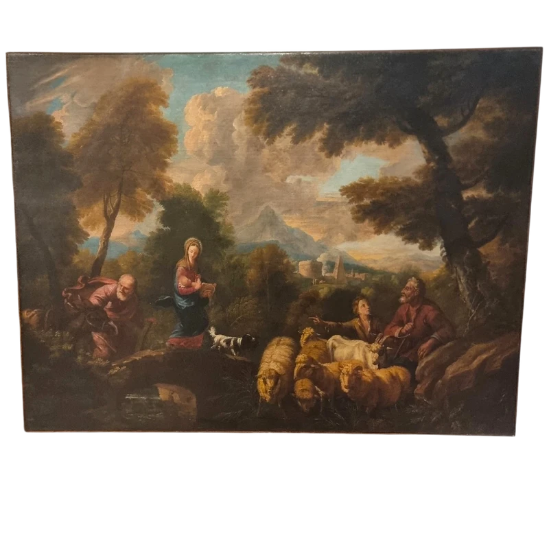 Olio su tela fine 600 Fuga d’Egitto di Philipp Peter Roos 1657-1706