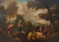 Olio su tela fine 600 Fuga d’Egitto di Philipp Peter Roos 1657-1706