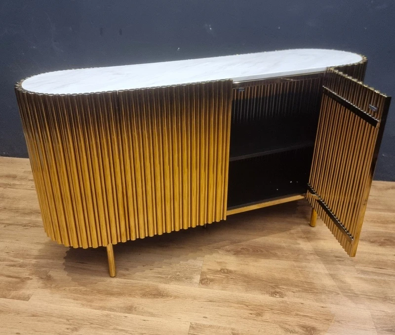 Credenza in Acciaio Dorato Vintage con Piano in Marmo