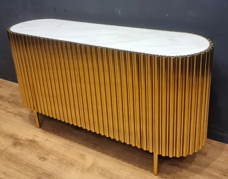 Credenza in Acciaio Dorato Vintage con Piano in Marmo