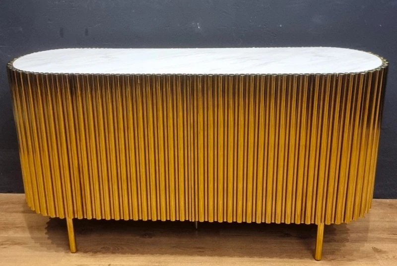 Credenza in Acciaio Dorato Vintage con Piano in Marmo