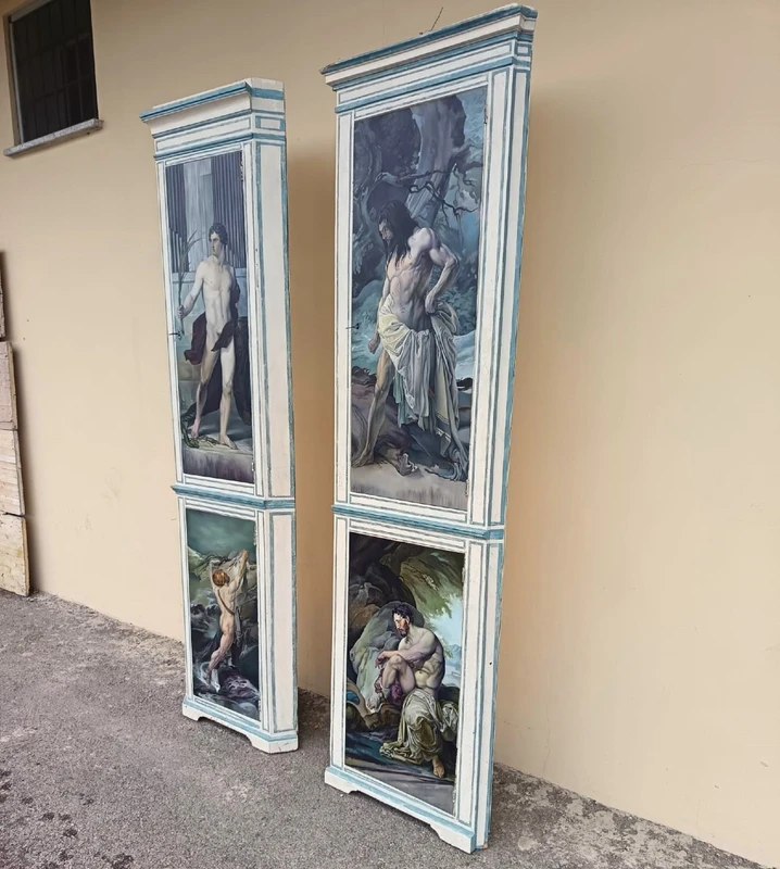 Coppia di Angoliere Lignee del 1850 da Palazzo Nobiliare con 4 Dipinti Hayez