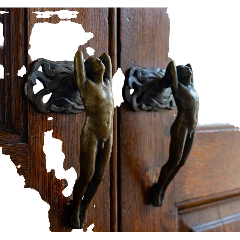 Pair of bronze handles in lost wax casting two naked men 1910