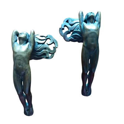 Pair of bronze handles in lost wax casting two naked men 1910