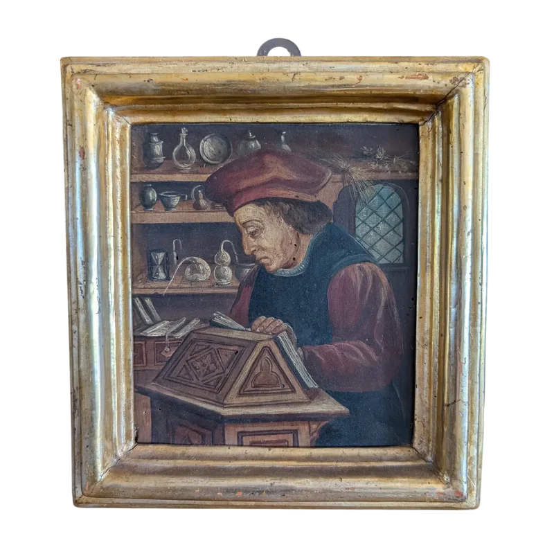 Panel painting depicting scholar in library, in gilt frame