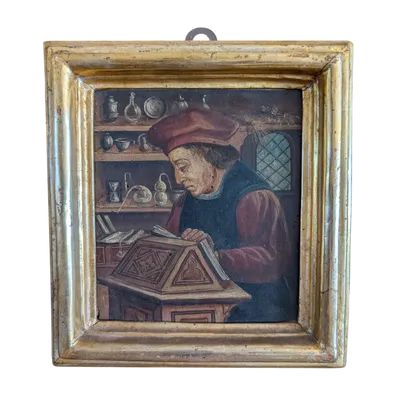 Panel painting depicting scholar in library, in gilt frame