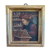 Panel painting depicting scholar in library, in gilt frame