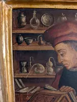 Panel painting depicting scholar in library, in gilt frame
