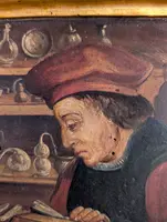 Panel painting depicting scholar in library, in gilt frame