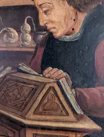 Panel painting depicting scholar in library, in gilt frame