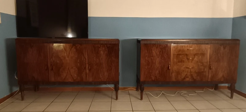 Coppia credenze Art Decò 1950 radica di noce