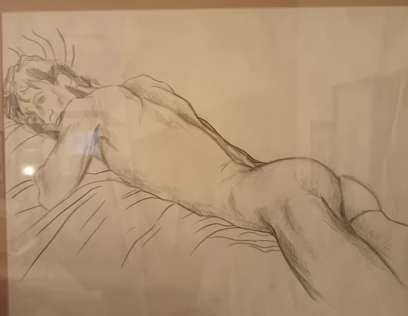 Disegno a carboncino 1920 uomo nudo disteso