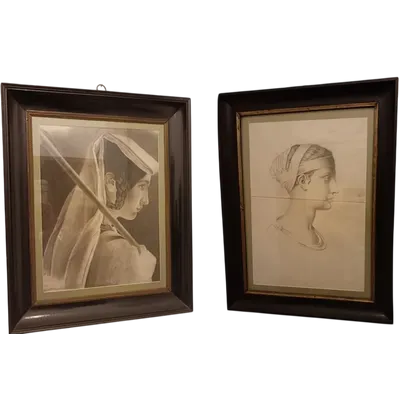 Pair charcoal drawings the women 800 France