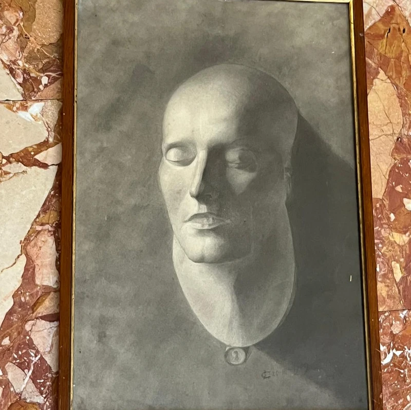 Charcoal drawing funeral mask of Napoleon initialed and dated 1909