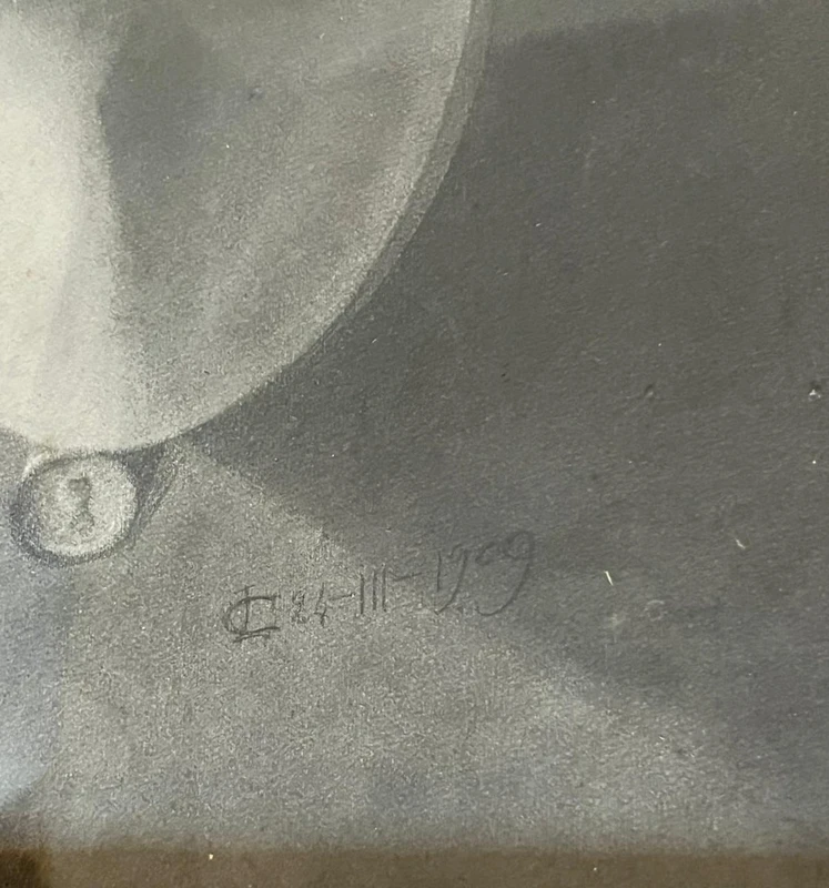 Charcoal drawing funeral mask of Napoleon initialed and dated 1909