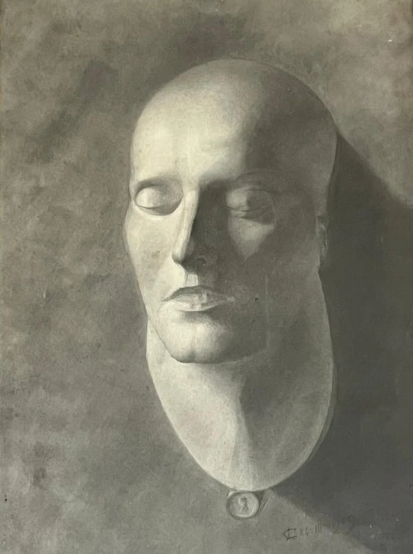 Charcoal drawing funeral mask of Napoleon initialed and dated 1909