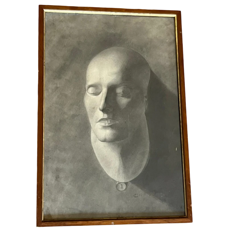 Charcoal drawing funeral mask of Napoleon initialed and dated 1909