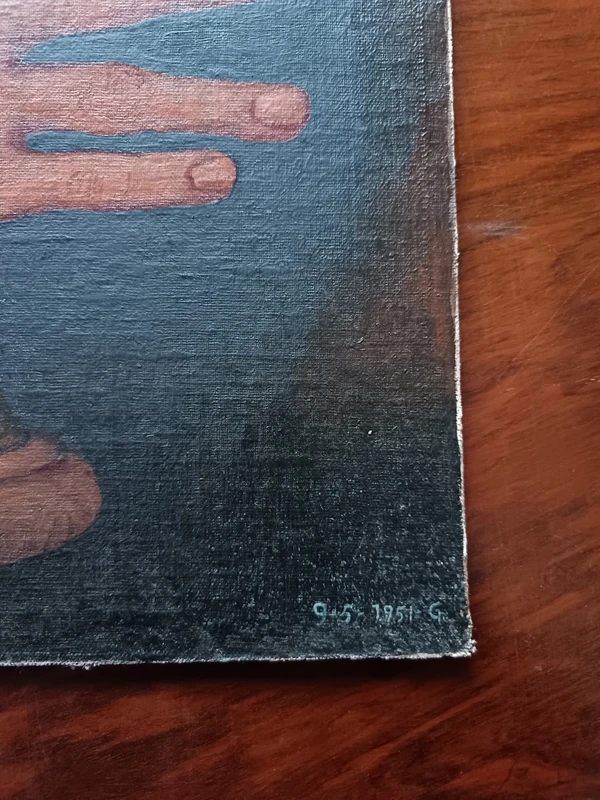 Oil on panel triptych of hands 1950