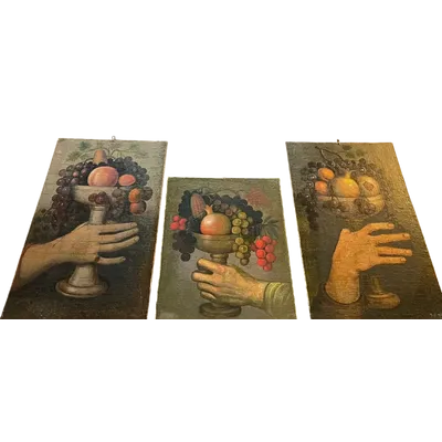 Oil on panel triptych of hands 1950